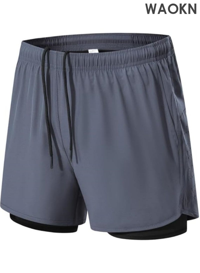 WAOKN Men's 2-in-1 sports running shorts, lightweight sportswear quick drying shorts, lined with anti glare double-layer fitness shorts, fitness stretch sports shorts with pockets that can store mobile phones without fading or deforming (grey). - Image 5