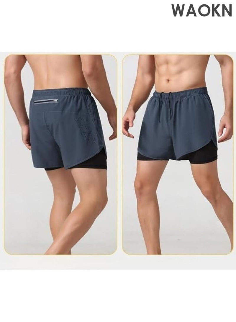 WAOKN Men's 2-in-1 sports running shorts, lightweight sportswear quick drying shorts, lined with anti glare double-layer fitness shorts, fitness stretch sports shorts with pockets that can store mobile phones without fading or deforming (grey). - Image 3