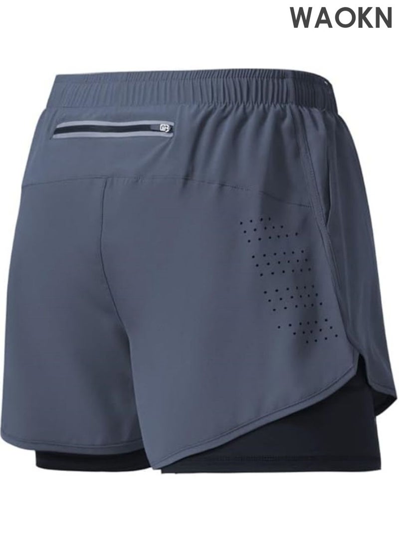 WAOKN Men's 2-in-1 sports running shorts, lightweight sportswear quick drying shorts, lined with anti glare double-layer fitness shorts, fitness stretch sports shorts with pockets that can store mobile phones without fading or deforming (grey). - Image 2
