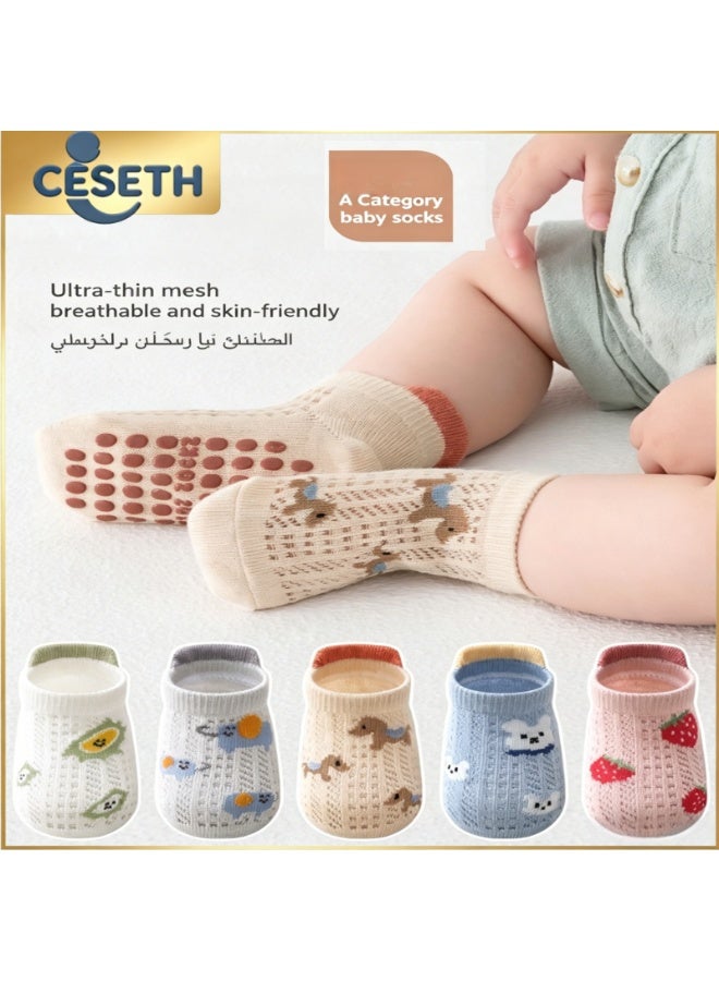 CESETH 5 Pairs Of Baby Anti-Slip Socks, Ultra-Thin Mesh Breathable Slippers, Featuring Cute Fruit And Animal Patterns, A-Grade Pure Cotton Floor Socks For Infants And Children Aged 0-3, Suitable As A Gift For Baby Parties For Both Boys And Girls, Available In Multiple Colors. - Image 3