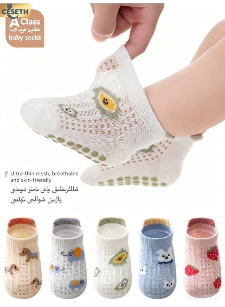 CESETH 5 Pairs Of Baby Anti-Slip Socks, Ultra-Thin Mesh Breathable Slippers, Featuring Cute Fruit And Animal Patterns, A-Grade Pure Cotton Floor Socks For Infants And Children Aged 0-3, Suitable As A Gift For Baby Parties For Both Boys And Girls, Available In Multiple Colors. - Image 1