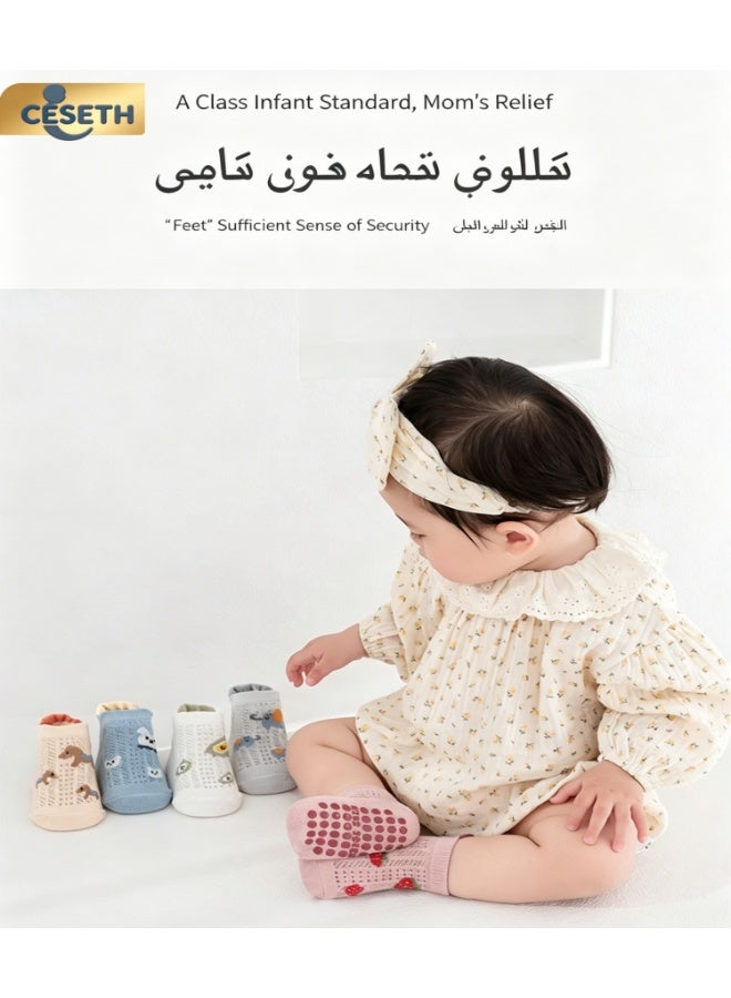 CESETH 5 Pairs Of Baby Anti-Slip Socks, Ultra-Thin Mesh Breathable Slippers, Featuring Cute Fruit And Animal Patterns, A-Grade Pure Cotton Floor Socks For Infants And Children Aged 0-3, Suitable As A Gift For Baby Parties For Both Boys And Girls, Available In Multiple Colors. - Image 2