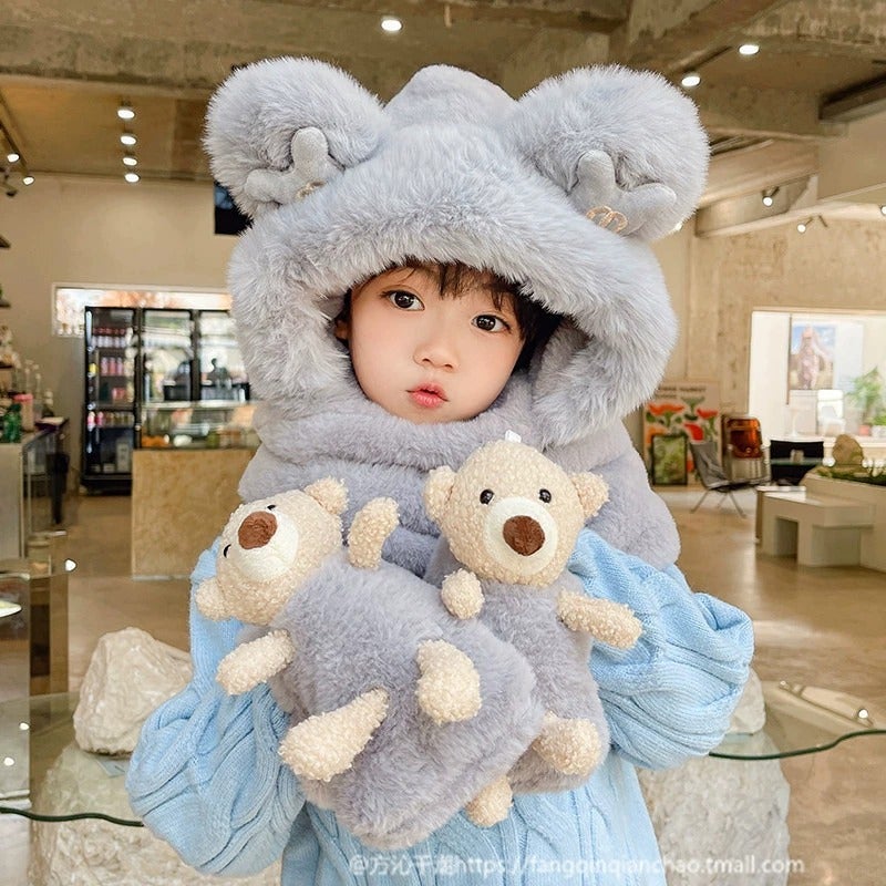 Kids Winter Hat Scarf Gloves Set Gray (doll bear)