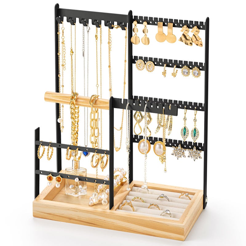 DreamGenius Jewelry Organizer Stand with Velvet Ring Holder, 4 Tier Jewelry Holder Organizer with 11 Hooks for Necklaces and 132 Holes for Earrings, Black - Image 1
