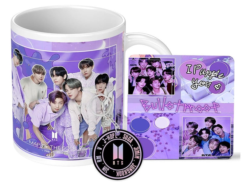 NH10 DESIGNS NH10 DESIGNS BTS Printed Mug BTS Coaster BTS Keychain Gift for Girls Boys Friends Birthday Gift Tea Coffee Mug 350ml Music Band V Suga JHope Jungkook Pack of 3 BNWMCK 1  - Image 1
