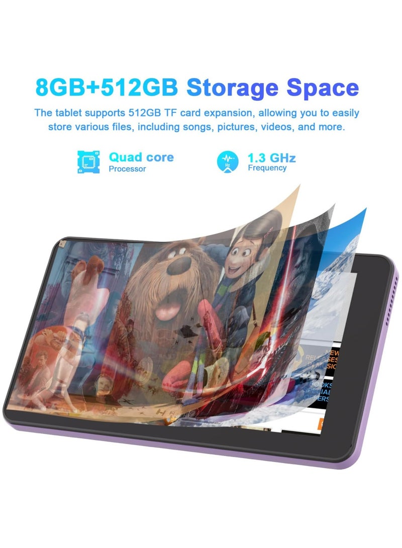 REBENUO 7 Inch Tablet,Android 13 Tablet,Quad Core Processor,8GB RAM 512GB ROM,512GB Expand,Dual Camera,Tablet with SIM, WiFi,Bluetooth,Case,StylusCM518 Pro (Purple) - Image 5