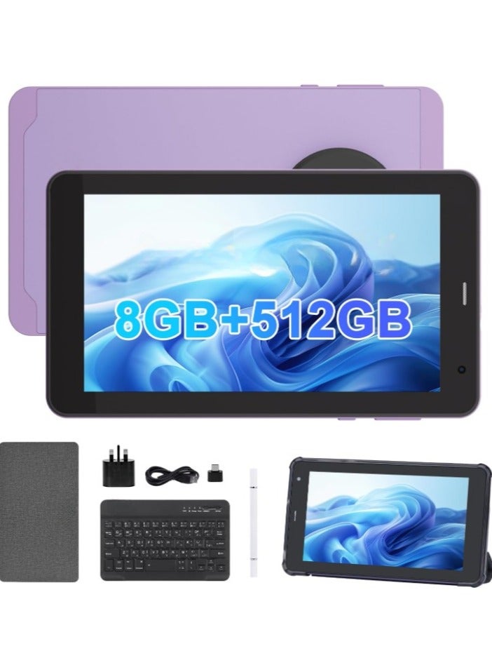 REBENUO 7 Inch Tablet,Android 13 Tablet,Quad Core Processor,8GB RAM 512GB ROM,512GB Expand,Dual Camera,Tablet with SIM, WiFi,Bluetooth,Case,StylusCM518 Pro (Purple) - Image 1
