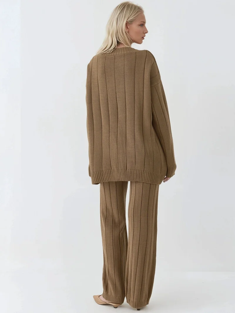 MY FASHION Mocha Brown MY FASHION Textured Knit Co-ords with V-Neck Cardigan and Wide Leg Pants for Women | Best Price UAE