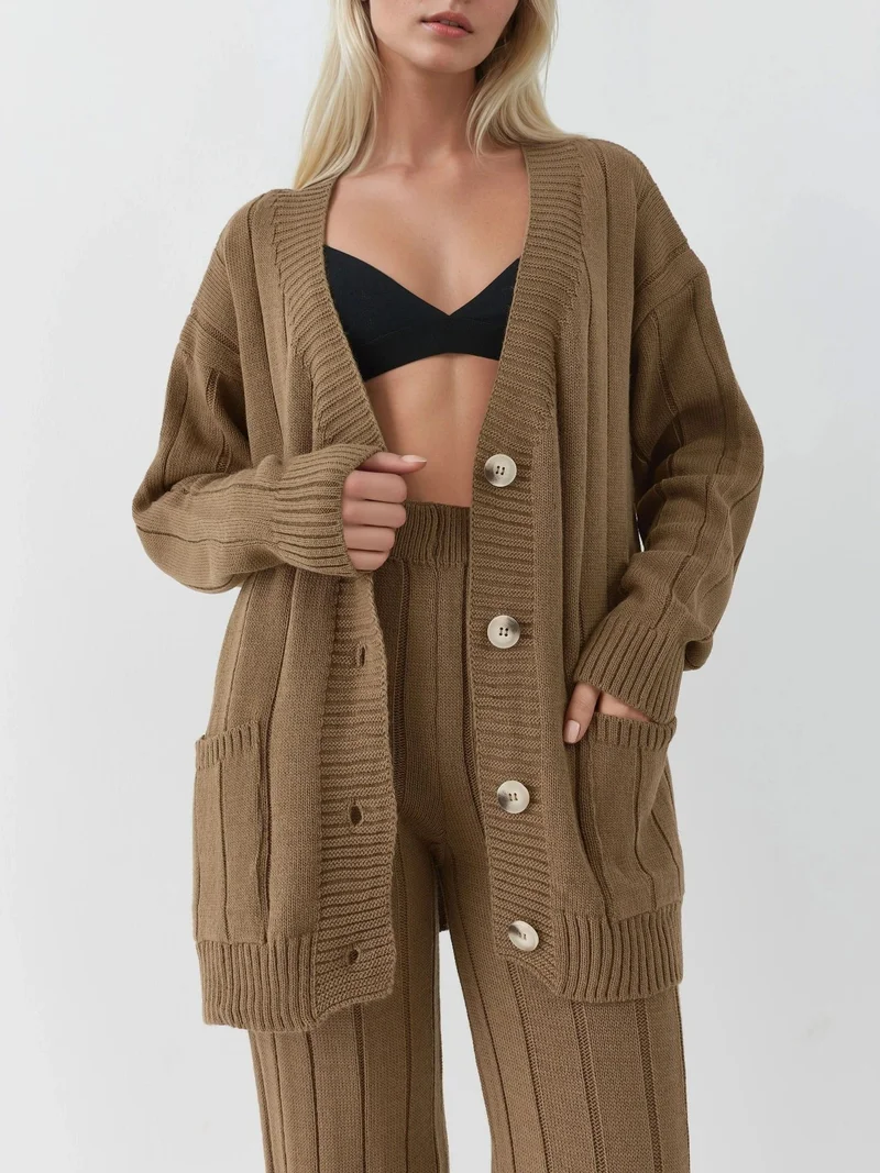 MY FASHION Mocha Brown MY FASHION Textured Knit Co-ords with V-Neck Cardigan and Wide Leg Pants for Women | Best Price UAE