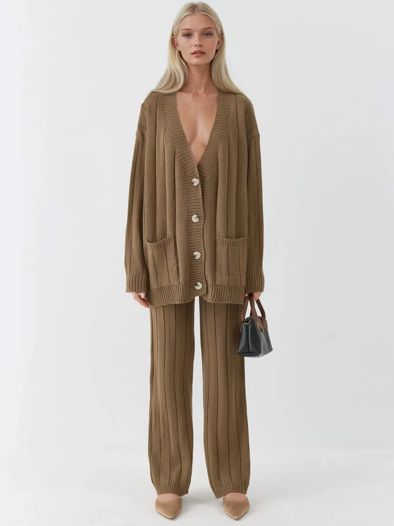 MY FASHION Mocha Brown MY FASHION Textured Knit Co-ords with V-Neck Cardigan and Wide Leg Pants for Women | Best Price UAE