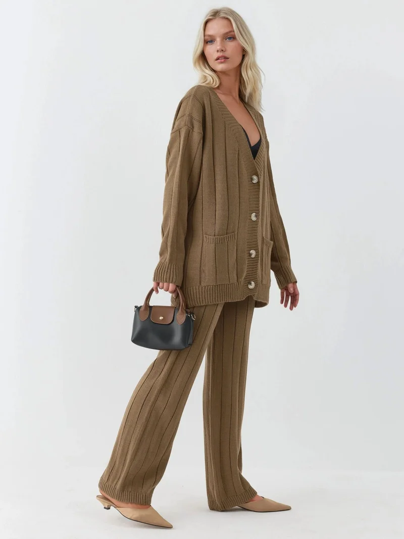 MY FASHION Textured Knit Co-ords with V-Neck Cardigan and Wide Leg Pants