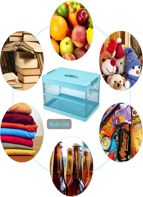 Foldable Plastic Storage Box With Lid, Upgrade Multifunction Transparent Collapsible Storage Bins, Stackable Clear Latch Storage Box with Handle, Blue
