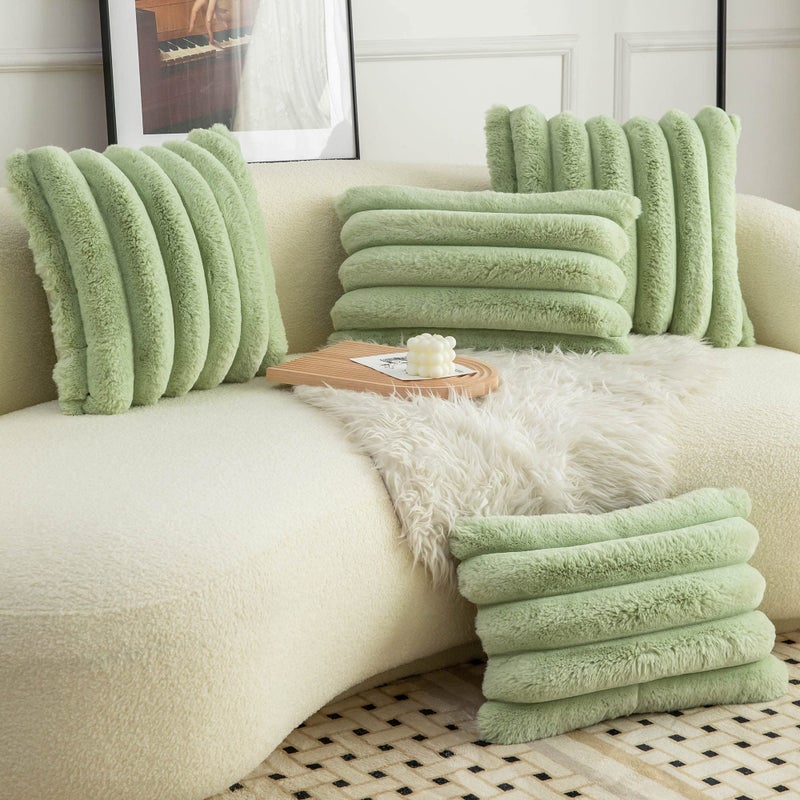 Neelvin Green Faux Fur Cozy Soft Striped Decorative Throw Pillow Covers 16x16 inch Set of 2 Velvet Pillowcase Cushion Case for Sofa Couch - Image 4