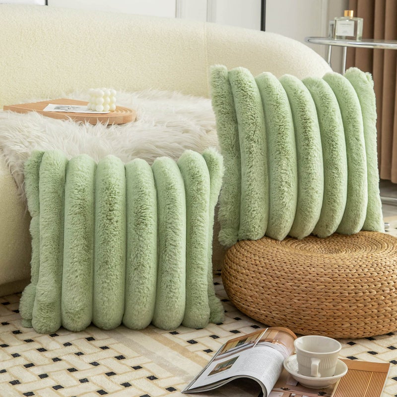 Neelvin Green Faux Fur Cozy Soft Striped Decorative Throw Pillow Covers 16x16 inch Set of 2 Velvet Pillowcase Cushion Case for Sofa Couch - Image 3