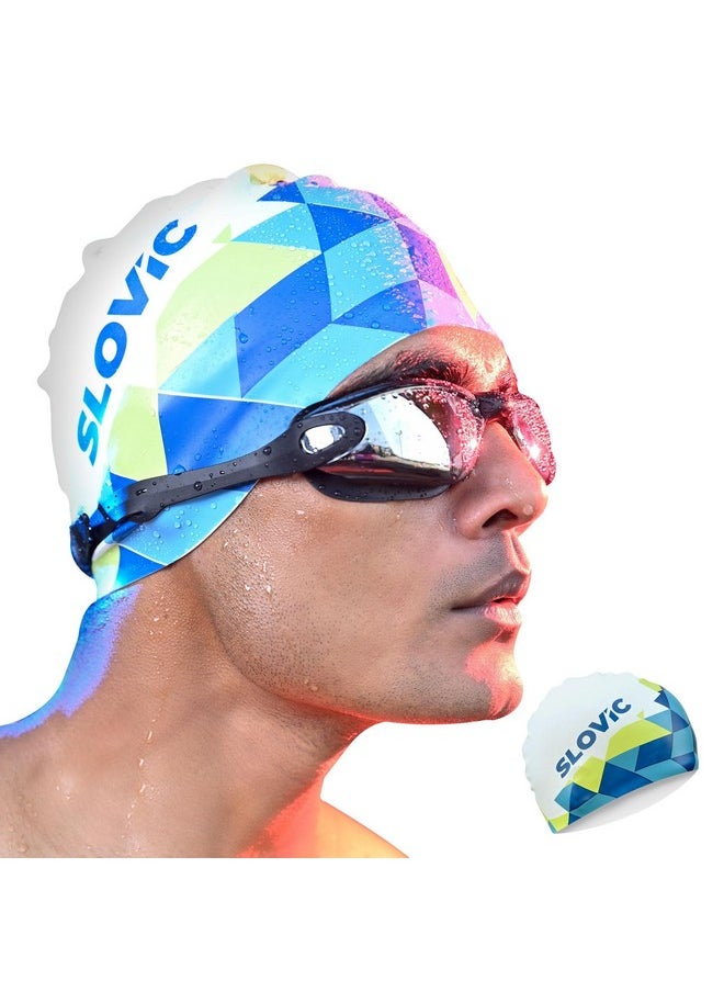 SLOVIC White-Blue Printed Swimming Caps For Men And Women With Long Hair | Waterproof Cap For Swimming Silicone | Free-Size For Great Fit | No Hair Pulling | Prevents Chemical Damage  - Image 1