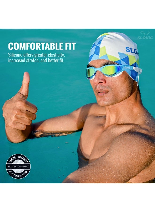 SLOVIC White-Blue Printed Swimming Caps For Men And Women With Long Hair | Waterproof Cap For Swimming Silicone | Free-Size For Great Fit | No Hair Pulling | Prevents Chemical Damage  - Image 3