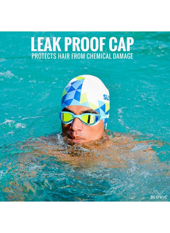 SLOVIC White-Blue Printed Swimming Caps For Men And Women With Long Hair | Waterproof Cap For Swimming Silicone | Free-Size For Great Fit | No Hair Pulling | Prevents Chemical Damage  - Image 2