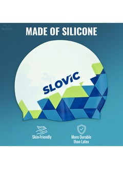 سلوفيك قبعات سباحة مطبوعة باللونين الأبيض والأزرق من SLOVIC للرجال والنساء ذوي الشعر الطويل | قبعة سباحة مقاومة للماء من السيليكون | مقاس حر لملاءمة رائعة | بدون سحب للشعر | تمنع التلف الكيميائي  - Image 4