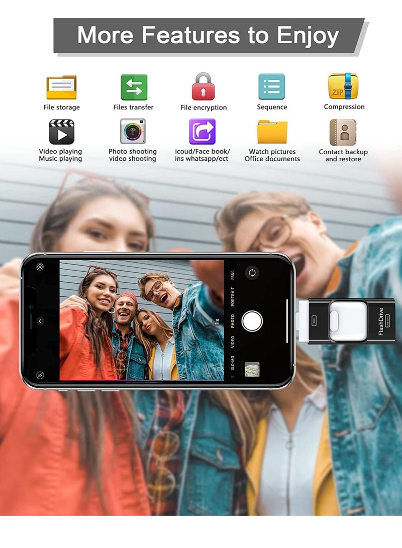 USB Flash Drive, USB3.0 Memory Stick External Storage Thumb Drive for i-Phone i-Pad 64GB Photo Memory Flash Memory Suitable for All Models PC/Pad/Android Phones (Black) - Image 4