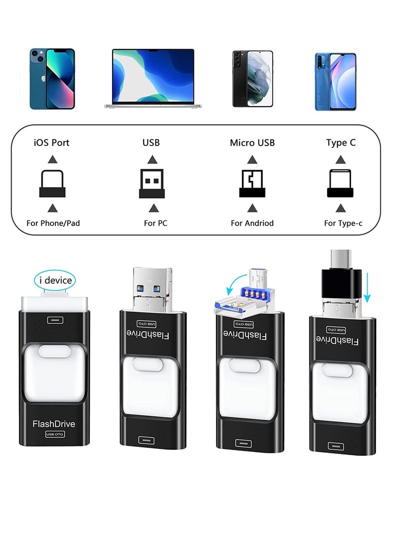 USB Flash Drive, USB3.0 Memory Stick External Storage Thumb Drive for i-Phone i-Pad 64GB Photo Memory Flash Memory Suitable for All Models PC/Pad/Android Phones (Black) - Image 2