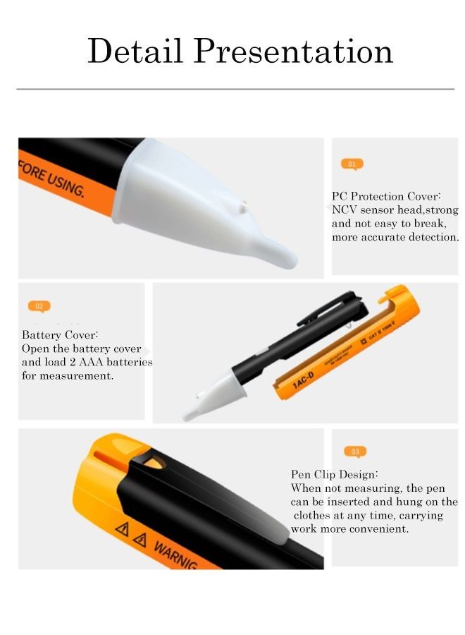 هومستر قلم الجهد الذكي غير المتصل ، جهاز اختبار والصافرة المسموعة ووميض LED نطاق كشف من 90 فولت إلى 1000 تيار متردد أصفر - Image 5