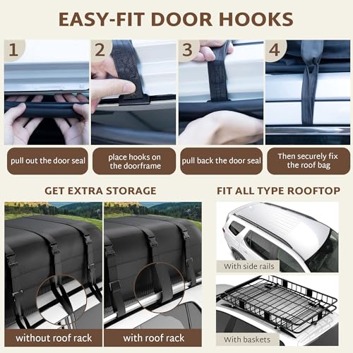 iBirdie Roof Rack Cargo Carrier 15.3 Cubic Feet, Soft-Shell Rooftop Cargo Box, Waterproof Heavy Duty 1200D for Car with/Without Roof Rack, Includes Anti-Slip Mat, Door Hooks, 46x34x17 inches - Image 3
