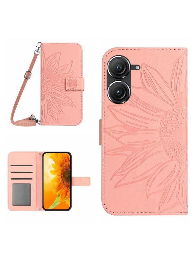 S-TOP Case For Asus ZenFone 9 Skin Feel Sun Flower Pattern Flip Leather Phone Case with Lanyard - Image 1
