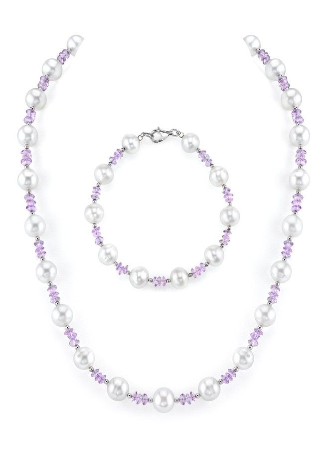 The Pearl Source 8mm White Freshwater Cultured Pearl & Amethyst Necklace & Bracelet - Image 1