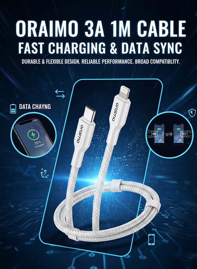أورايمو كابل شحن فائق المتانة مضفر USB-C إلى Lightning 1م 45W - Image 5