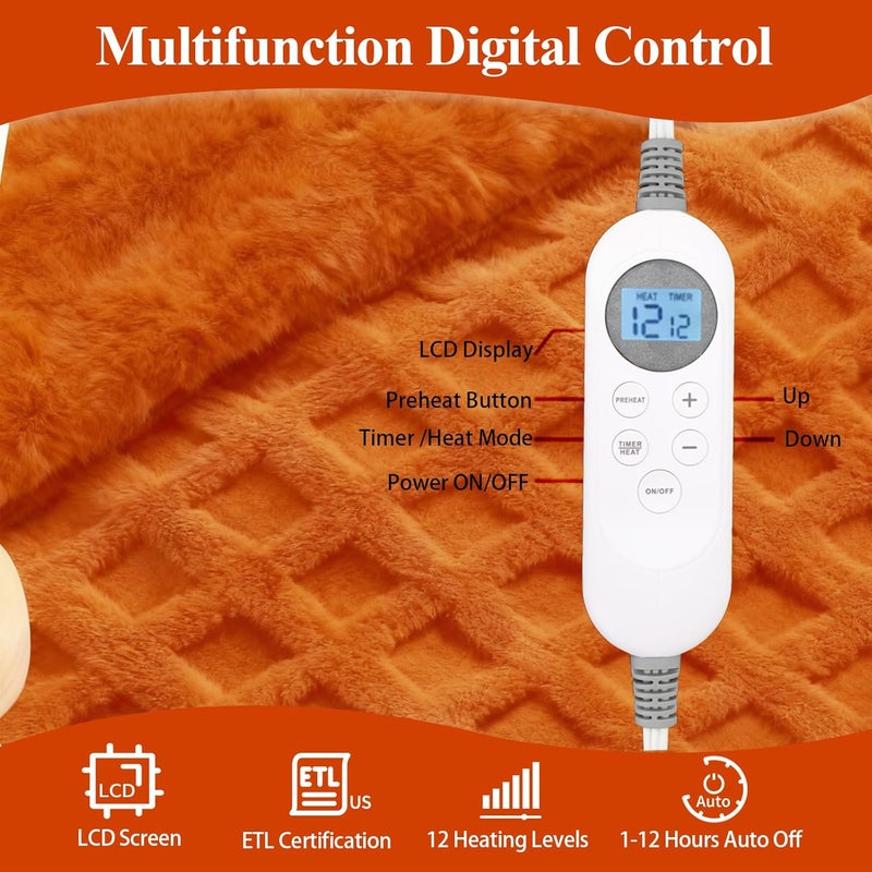 Eastsora Heated Blanket Electric Heating Blanket Waffle with 12 Heat Levels, Fast Heating Blanket with 1-12 Timer, Overheat Protection with ETL & FCC for Bed Home Office Sofa -Orange -Single(50"x60") - Image 3