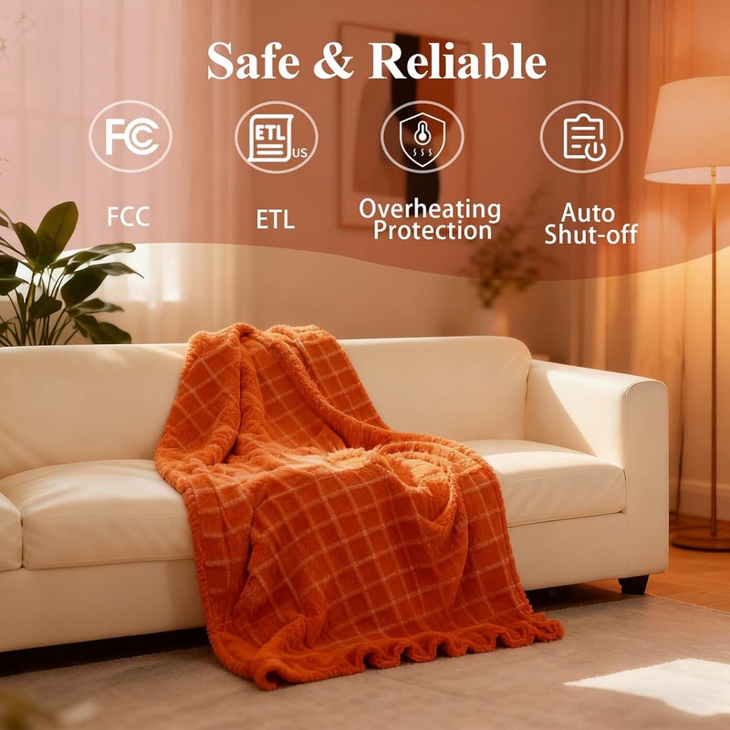 Eastsora Heated Blanket Electric Heating Blanket Waffle with 12 Heat Levels, Fast Heating Blanket with 1-12 Timer, Overheat Protection with ETL & FCC for Bed Home Office Sofa -Orange -Single(50"x60") - Image 5
