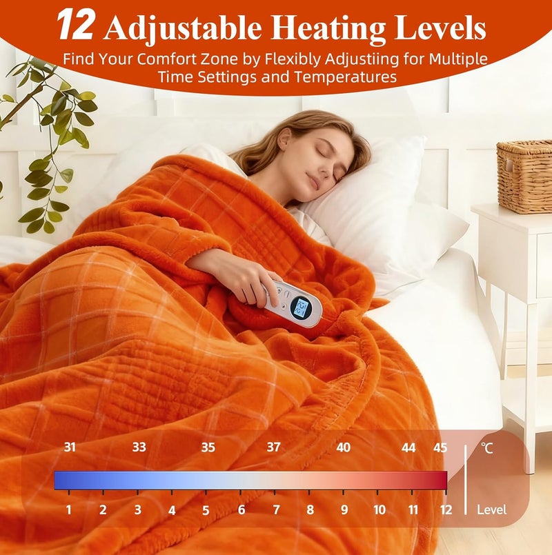 Eastsora Heated Blanket Electric Heating Blanket Waffle with 12 Heat Levels, Fast Heating Blanket with 1-12 Timer, Overheat Protection with ETL & FCC for Bed Home Office Sofa -Orange -Single(50"x60") - Image 2