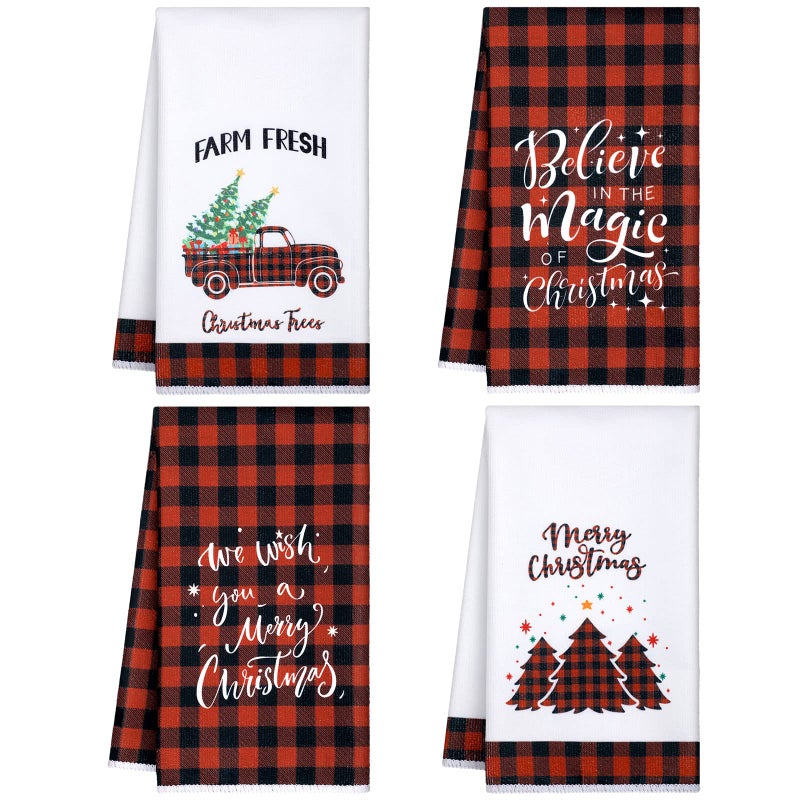 Patelai 4 Pack Christmas Kitchen Towels Buffalo Plaid Tea Dishtowels Farmhouse Winter Bathroom Hand Towels Christmas Decorations for Kitchen Holiday Xmas Housewarming GiftsRed BlackTree