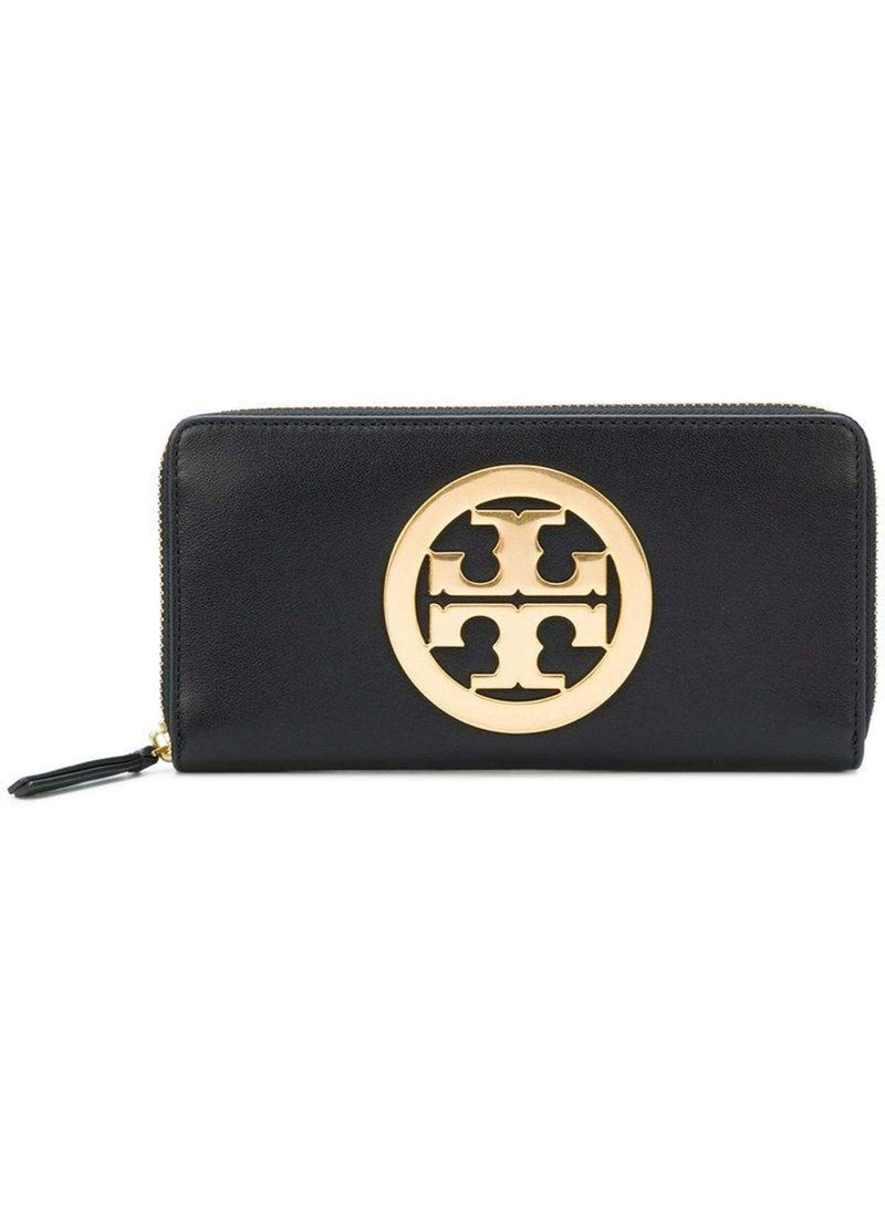 Tory Burch Black Leather Women's Zip-Around Wallet with Large Gold Logo