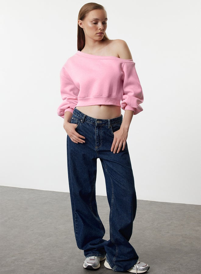 trendyol Pink Regular Fit Thick Inside Fleece Crop Asymmetrical Collar Knitted Sweatshirt TWOAW25SW00143 - Image 2