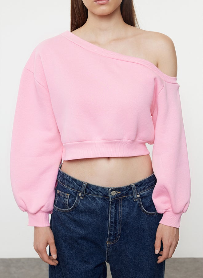 trendyol Pink Regular Fit Thick Inside Fleece Crop Asymmetrical Collar Knitted Sweatshirt TWOAW25SW00143 - Image 3