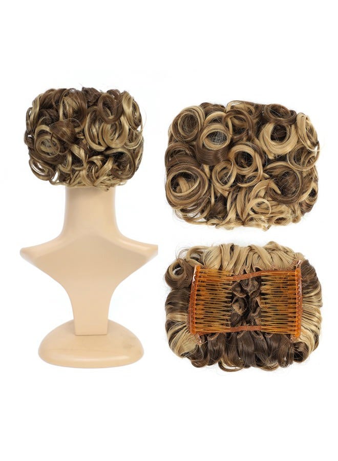 SWACC Short Messy Curly Dish Hair Bun Extension Easy Stretch hair Combs Clip in Ponytail Extension Scrunchie Chignon Tray Ponytail Hairpieces (Dark Blond Brown Mixed -9H19#) - Image 1