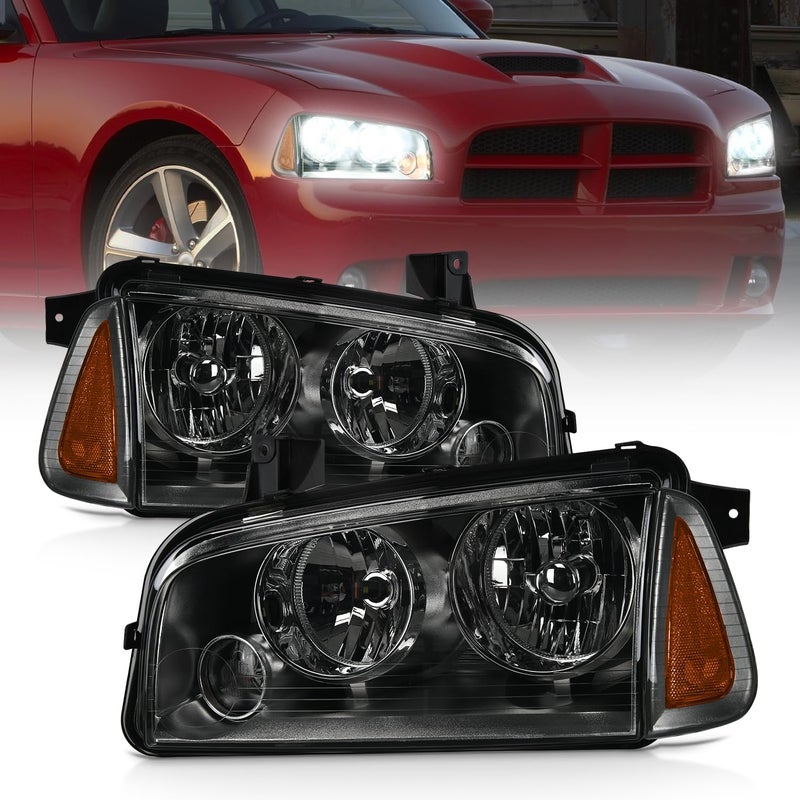Nilight Headlight Assembly Compatible with 2006 2007 2008 2009 2010 Dodge Charger Smoke Housing Amber Reflector Clear Lens Headlights Replacement Bumper Lamp Set Driver and Passenger Side