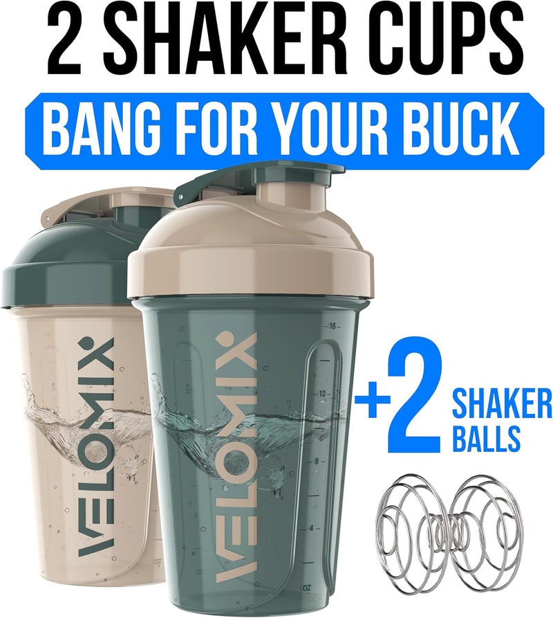 VELOMIX -2 Pack- 20 oz Protein Shaker Bottles for Protein Mixes - 2x Wire Whisk | Leak Proof Shaker Cups for Protein Shakes and Pre Workout | Protein Shaker Bottle Pack (A5) Blue&Beige - Image 2