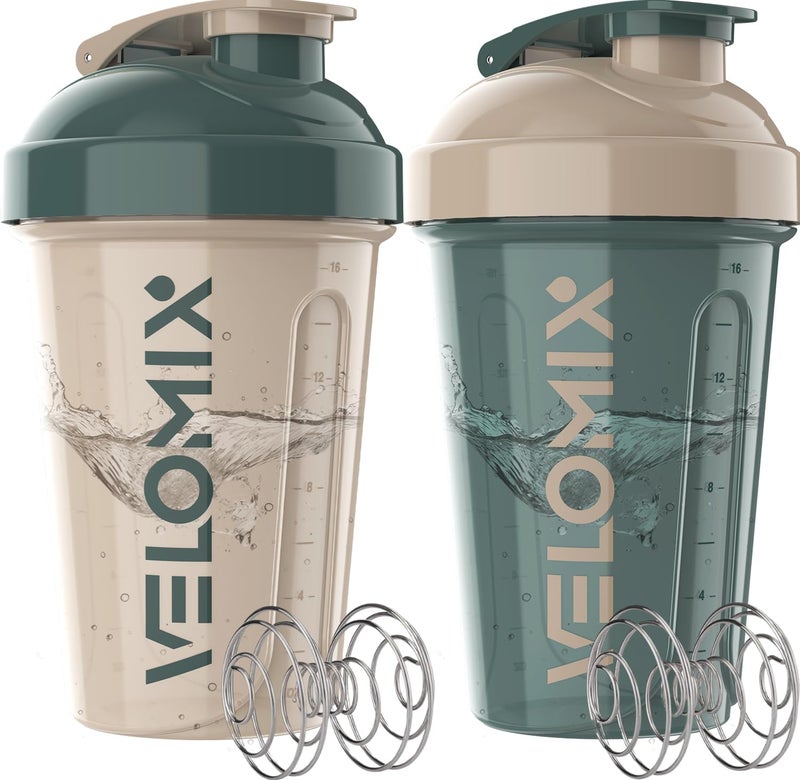 VELOMIX -2 Pack- 20 oz Protein Shaker Bottles for Protein Mixes - 2x Wire Whisk | Leak Proof Shaker Cups for Protein Shakes and Pre Workout | Protein Shaker Bottle Pack (A5) Blue&Beige - Image 1