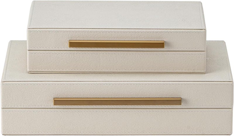 XIGEXIGE Faux Leather Large Modern Stackable Nesting Jewelry Box with Lids Organizer – Set of 2 Beige Shagreen Decorative Storage Boxes with Gold Metal Handles - Image 1