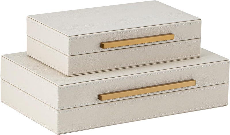 XIGEXIGE Faux Leather Large Modern Stackable Nesting Jewelry Box with Lids Organizer – Set of 2 Beige Shagreen Decorative Storage Boxes with Gold Metal Handles - Image 3