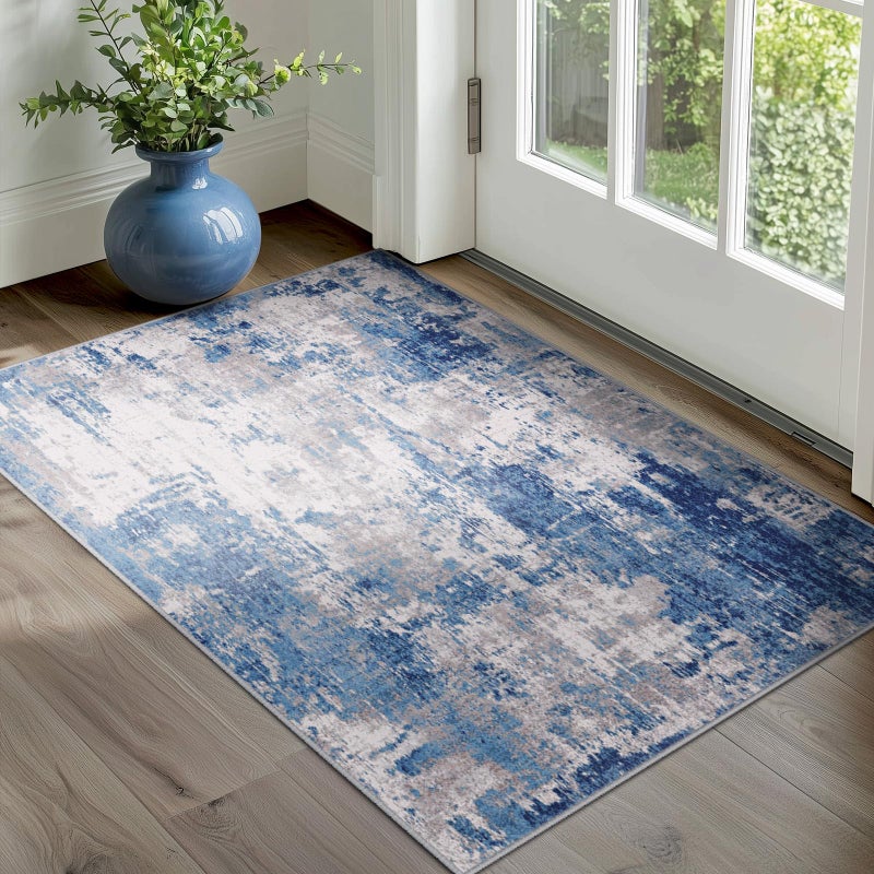 RELEANY Washable Area Rugs 3'x5' Non-Slip Modern Abstract Soft for Living Room Entryway Bedroom Nursery, Print Pattern, Blue Grey Navy Gray - Image 2