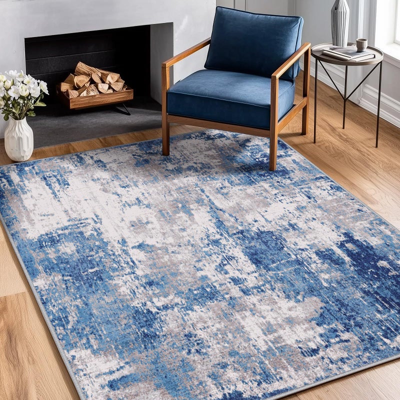 RELEANY Washable Area Rugs 3'x5' Non-Slip Modern Abstract Soft for Living Room Entryway Bedroom Nursery, Print Pattern, Blue Grey Navy Gray - Image 1