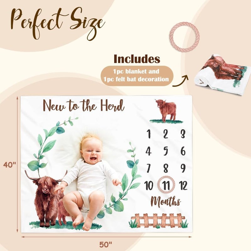 Gicoherero Highland Cows Baby Monthly Milestone Blanket Scotland Photo Prop Month Blanket Growth Chart Gift Ideas For Newborn Boy Girl Nursery D?Cor Baby Shower 40 "" X 50 "" - Image 2