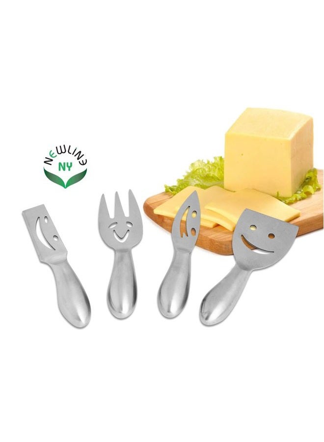 NEWLINE NY 4 Pieces Smiling Faces Cheese Knife Set Hard And Soft Cheese Knives Serving Fork & Cheese Spreader Stainless Steel - Image 3