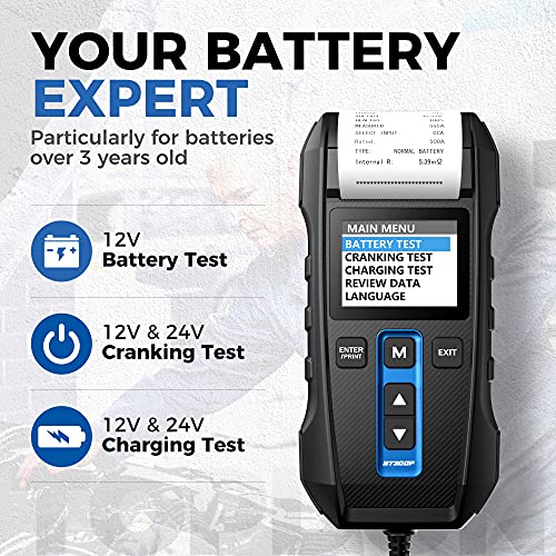 Topdon Car Battery Tester 12V 24V 100-2000CCA Lead-Acid Battery, TOPDON BT300P Alternator Tester, Load Tester, with Built-in Printer, Spark Free Metal Clamps, Automatic Reverse Polarity Protection - Image 2
