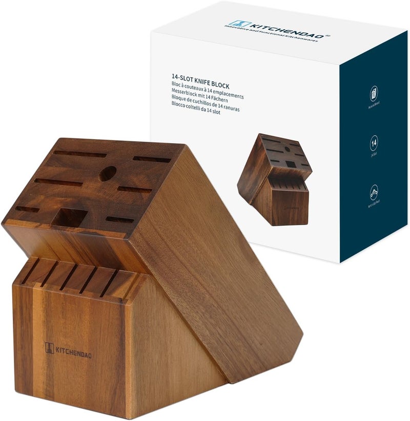 KITCHENDAO 14 Slot Acacia Wood Knife Block without Knives, Universal Knife Holder for Kitchen, Holding Multiple Types of Knives, Countertop Butcher Block Knife Stand for Easy Kitchen Storage - Image 1