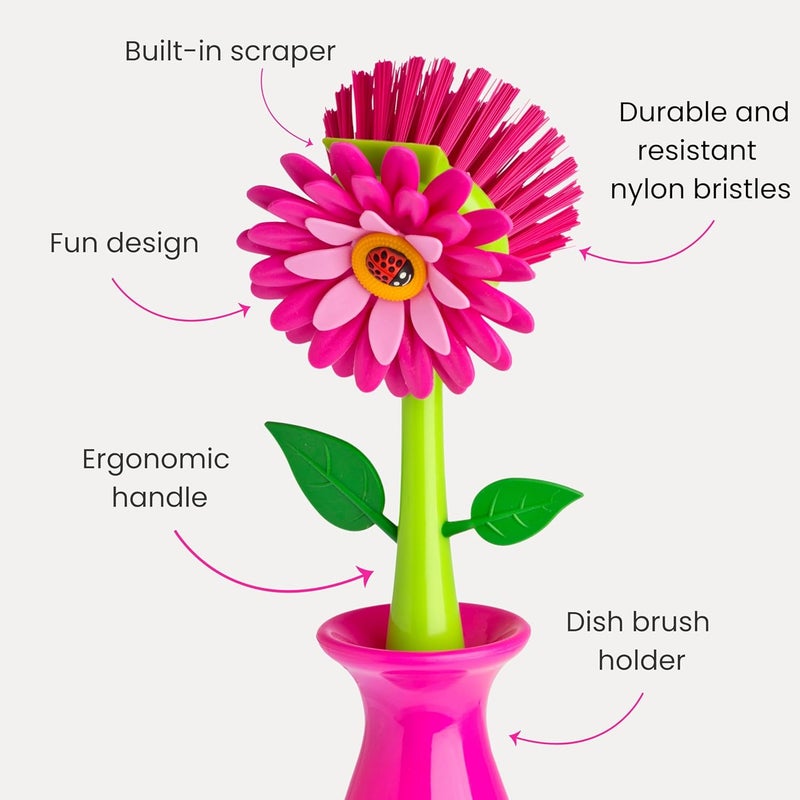 Vigar Flower Power Dish Brush with Handle and Vase Dish Brush Holder, Kitchen Scrub Brush for Pot Scrubber, Dishes, and Sink Cleaning, Pink, Green - Image 3