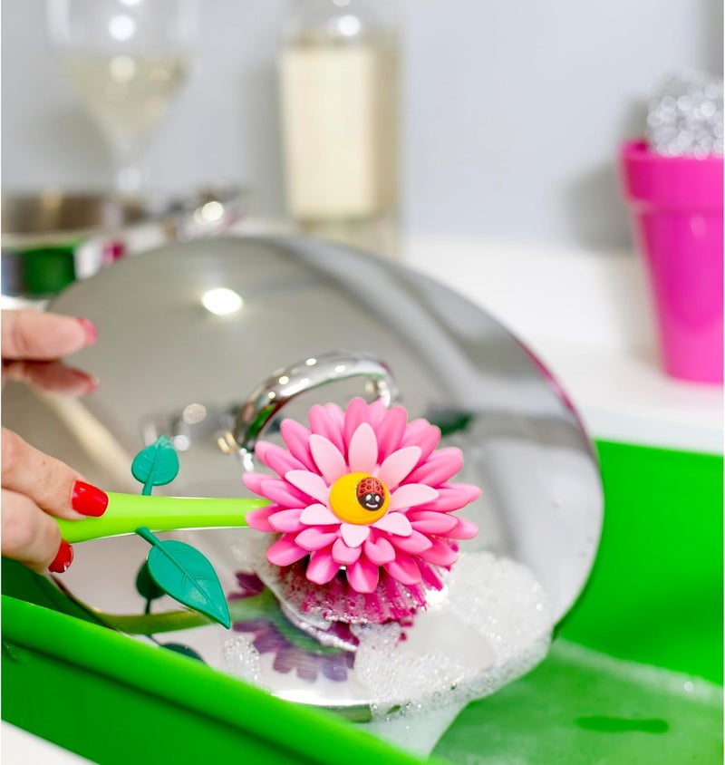 Vigar Flower Power Dish Brush with Handle and Vase Dish Brush Holder, Kitchen Scrub Brush for Pot Scrubber, Dishes, and Sink Cleaning, Pink, Green - Image 1
